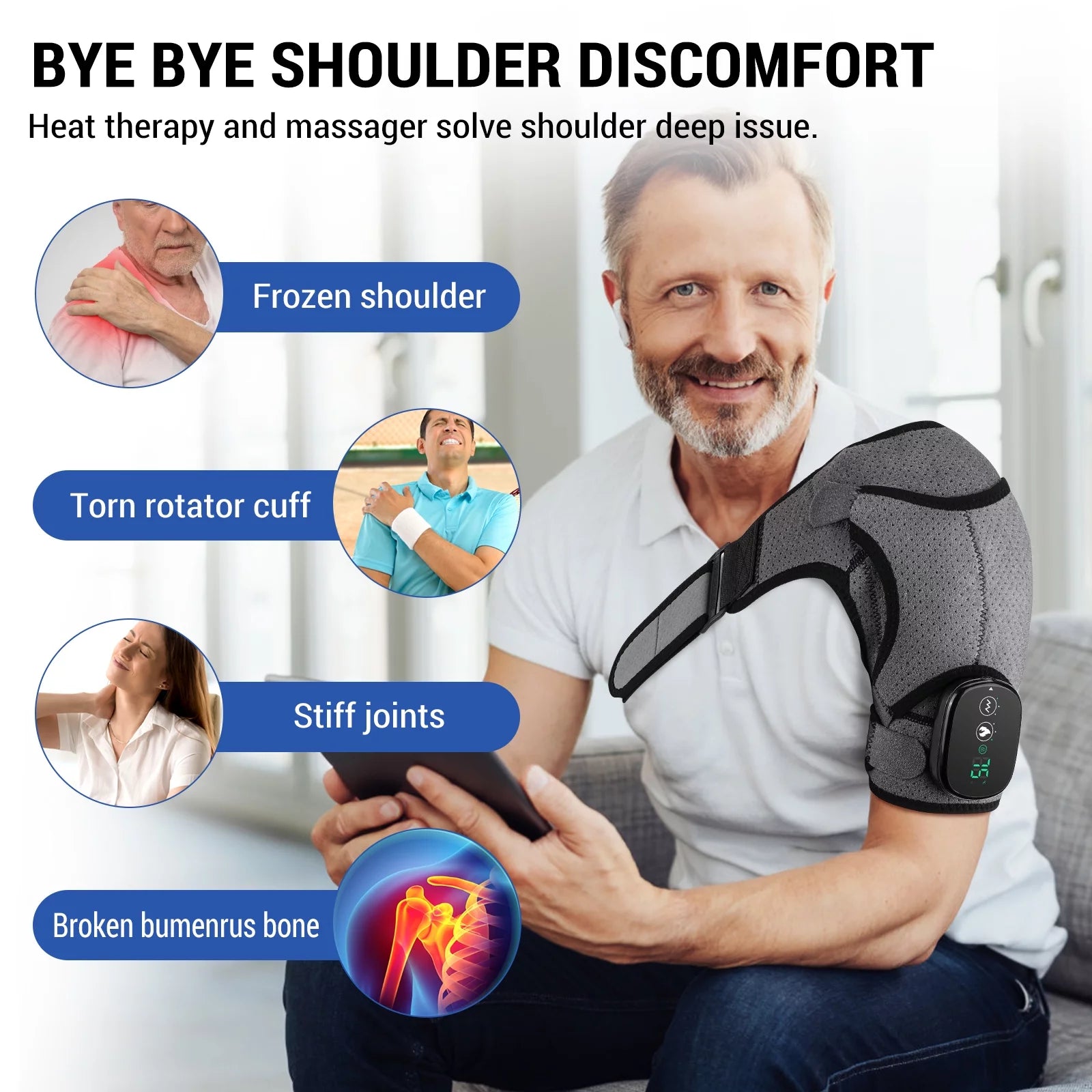 Heated Shoulder Brace, Shoulder Heating Pad with Massage, Electric Cordless Heated Shoulder Wrap with 3 Heating & Vibration Levels, Vibration Heated Shoulder Massager for Men Women Relaxation