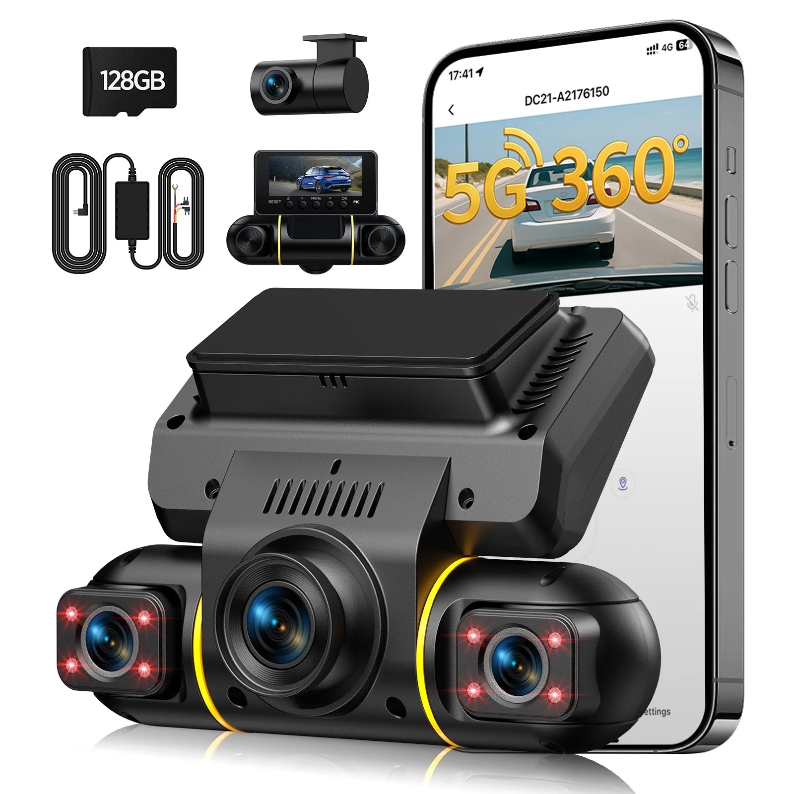 4 Channel Dash Cam Front and Rear inside with Hardwire Kit for 24H Security Parking Monitor, 1080P FHD 360 Degree View 5G Wifi Dash Camera, IR Night Vision Dashcam, G-Sensor, Free 128GB Card