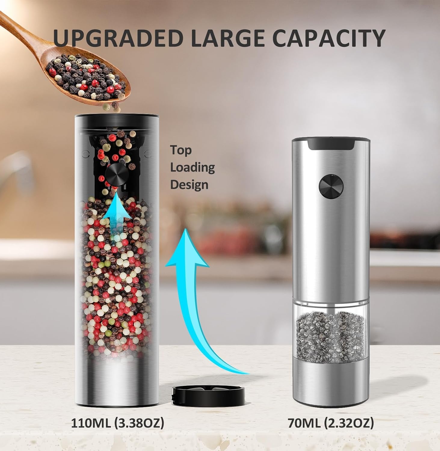 Salt and Pepper Grinder Set Electric,Rechargeable Salt and Pepper Shakers Stainless Steel with USB C Dual Charging Base,Upgraded Large Capacity,Adjustable Coarseness,Led Light,Ideal for Mom