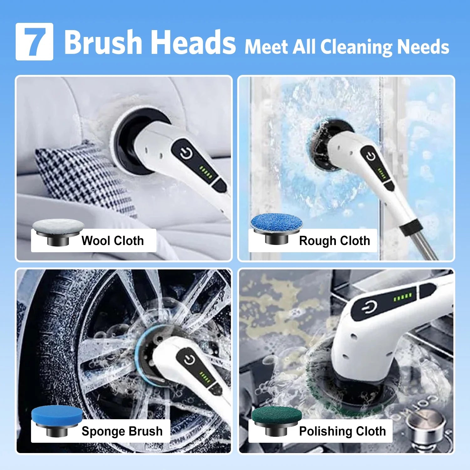Electric Spin Scrubber, Cordless Bath Tub Power Scrubber with Long Handle & 7 Replaceable Heads, Detachable as Short Handle, Shower Cleaning Brush Household Tools for Bathroom & Tile Floor