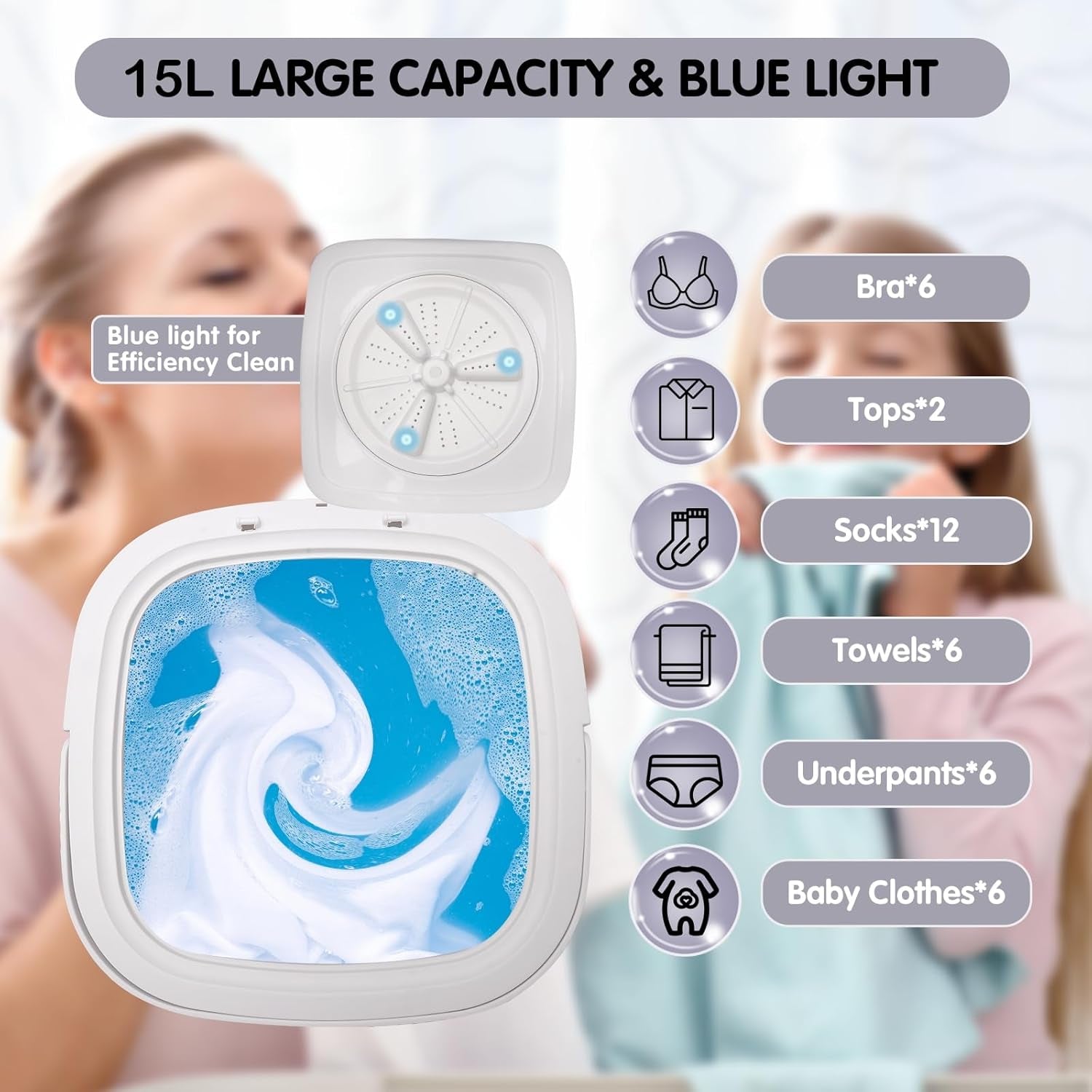 Portable Mini Washer Machine, 15L Collapsible Travel Mini Washer and Dryer Combo, Portable Washing Machine and Dryer for Apartment (Grey)