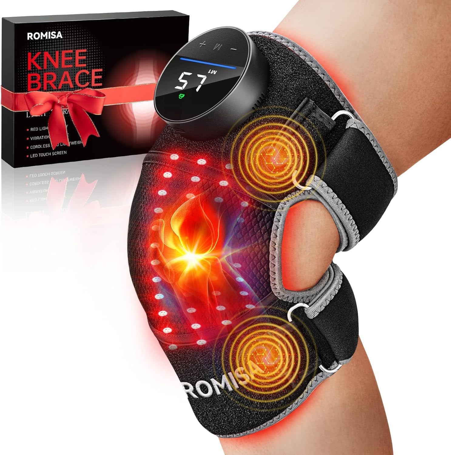 Red Light Therapy Knee Brace with Heat & Massage, Cordless Rechargeable Controller, 20Min Auto Timer, 660Nm & 850Nm near Infrared Light Therapy Device for Knee/Elbow/Shoulder, for Women Men.