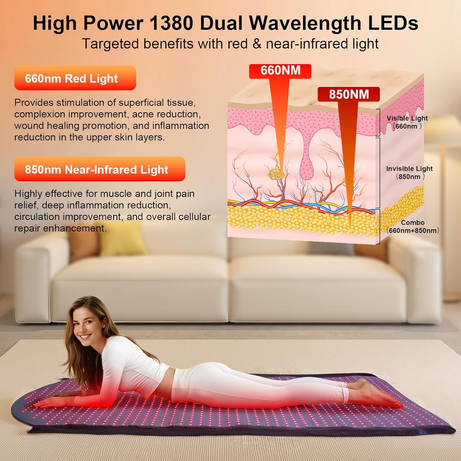 Red Light Therapy Mat for Full Body, 71" X 33" Redlight Therapy Blanket with Premium Leather, 1380 Leds near Infrared Red 660Nm & 850Nm Light Therapy Pad for Pain Relief, Skin Care(1380 Leds)