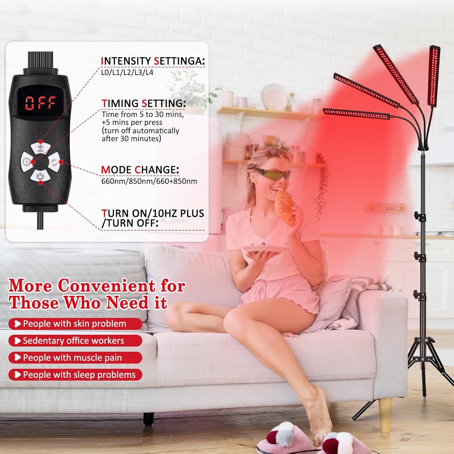 Red Light Therapy with 4 Heads, 3-In-1 Chip Infrared Light Therapy Device, Adjustable Stand, 660Nm Red Light and 850Nm near Infrared Light for Face, Body, Pain,Skin, Home Use